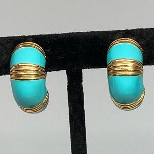 Vintage KJL Turquoise Enamel Gold Tone Hoop Clip-On Earrings